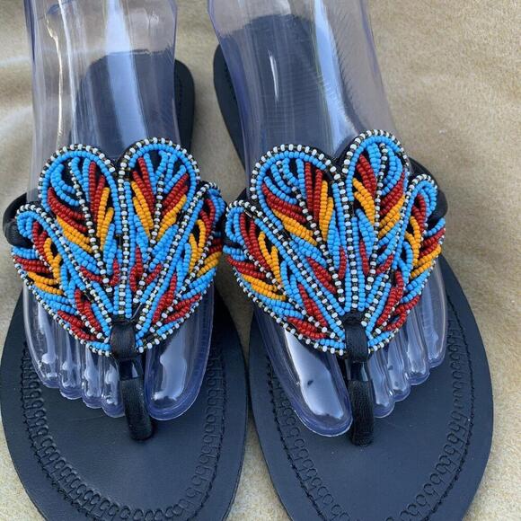 African Maasai Womens Leather Beaded Handcrafted Flat Sandals BOHO 8.5 Like New‍ - Picture 3 of 7